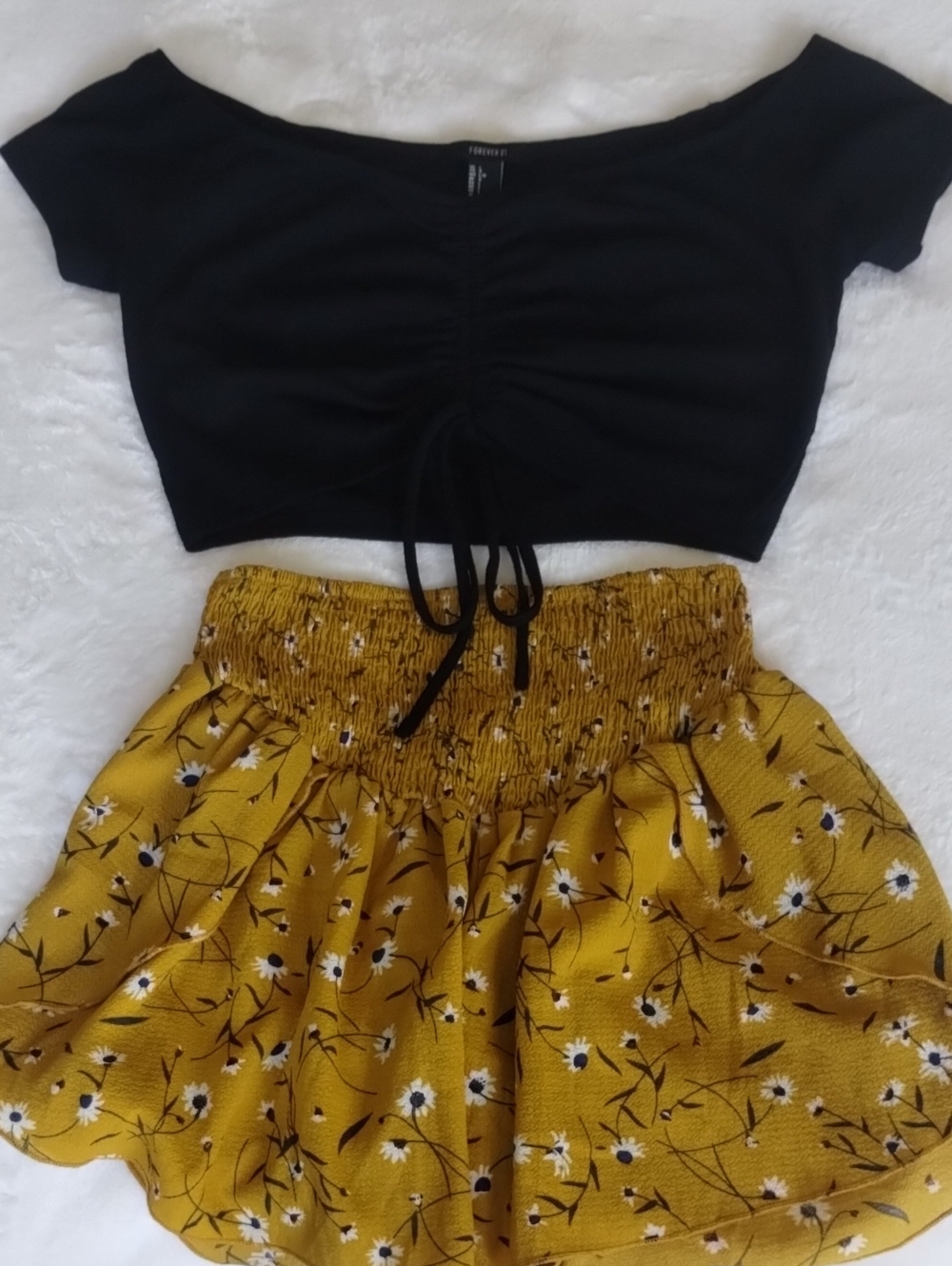 Forever 21 Black Ruched Crop Top & Mustard Floral Flowy Shorts Set